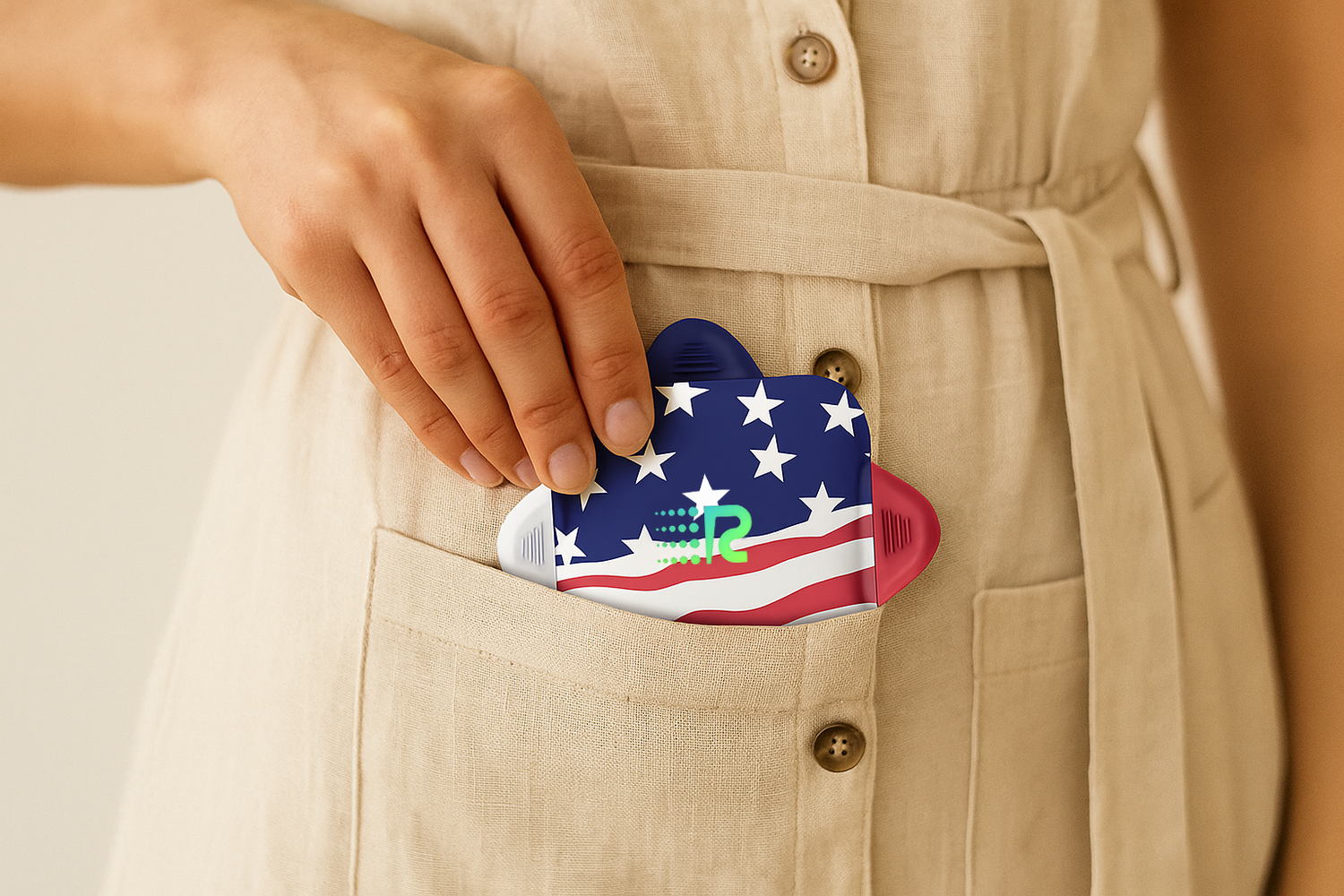 Person wearing a beige outfit with a colorful pouch featuring an American flag design.