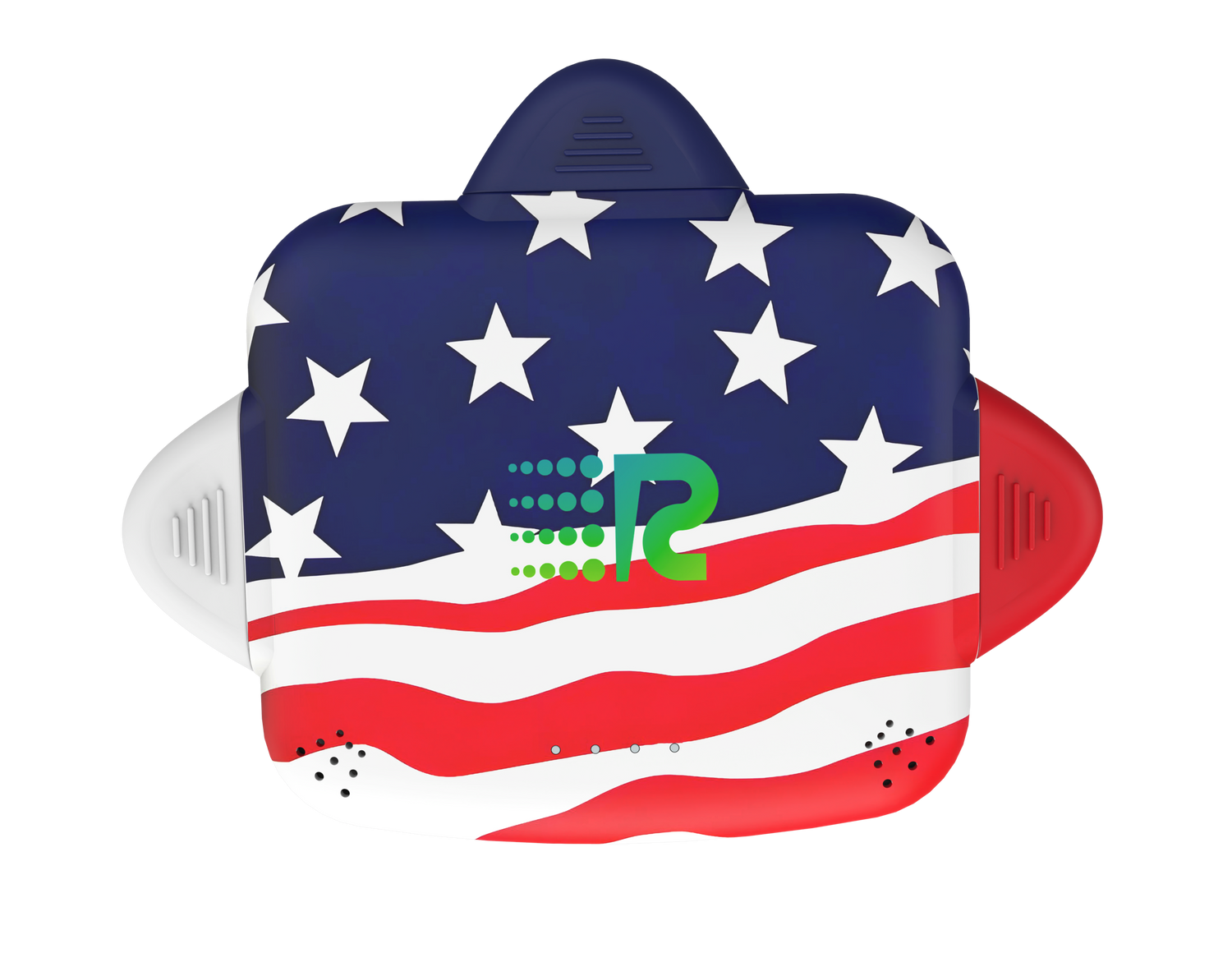 Toy gun with American flag design and a logo on a white background