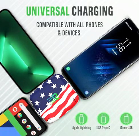 Universal charging adapter with compatibility text and smartphone display on a white background