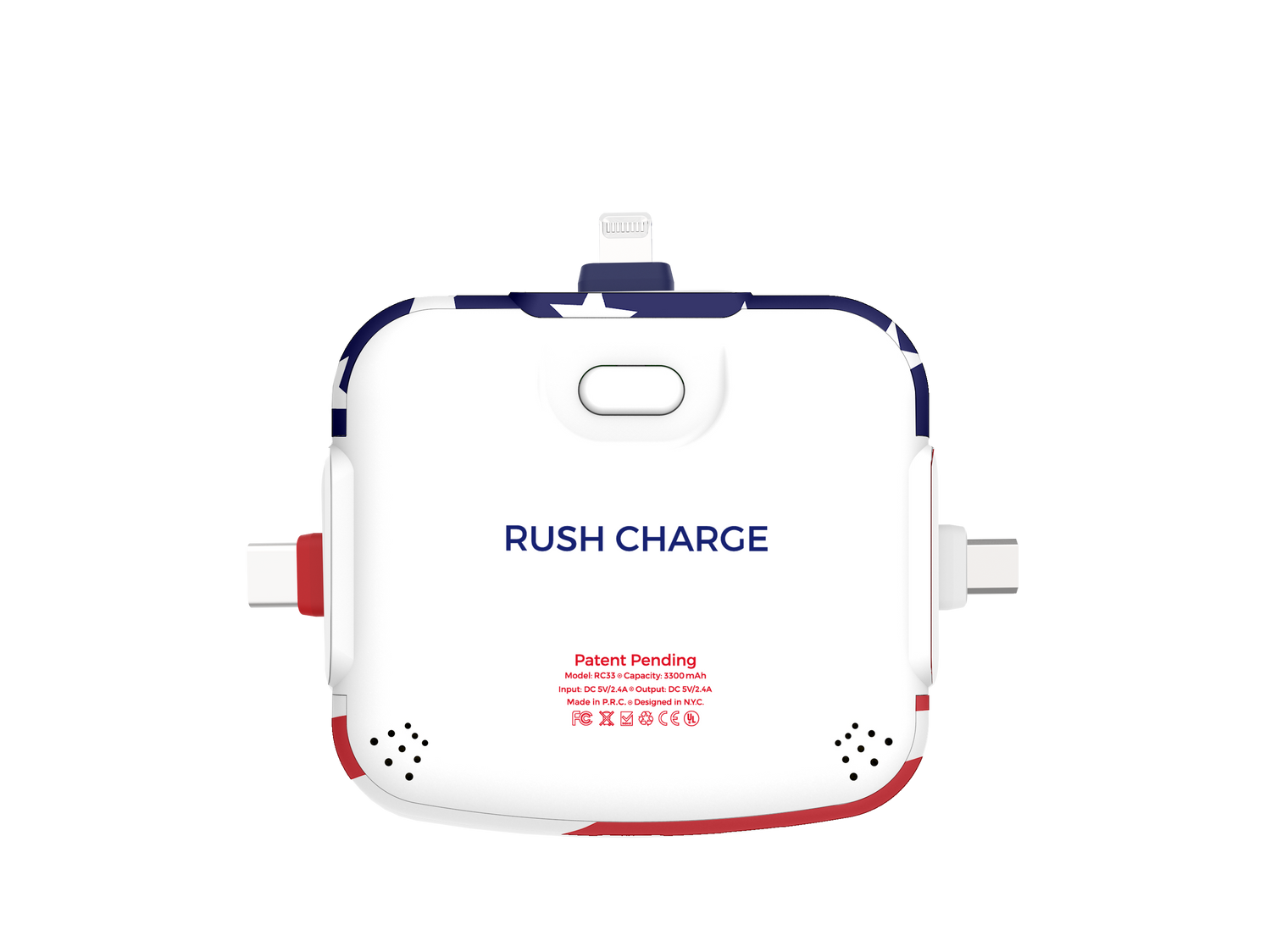 Portable charger with 'Rush Charge' branding on a white background