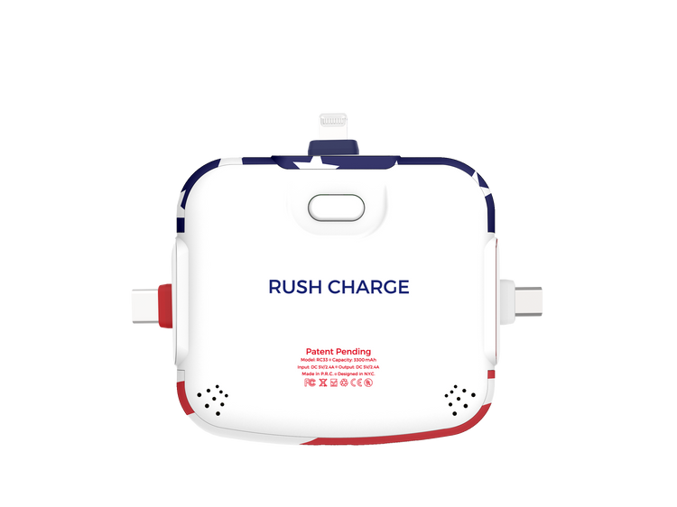 Portable charger with 'Rush Charge' branding on a white background