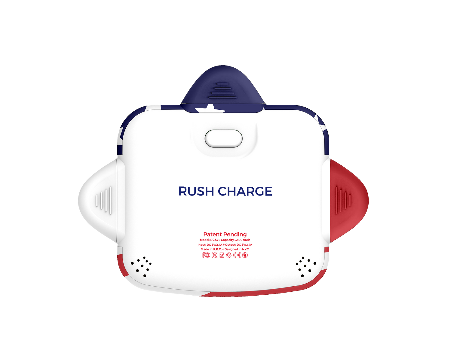 White electronic device with blue and red accents on a white background
