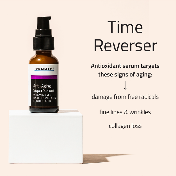 Anti-aging serum bottle labeled 'Time Reverser' on a beige background