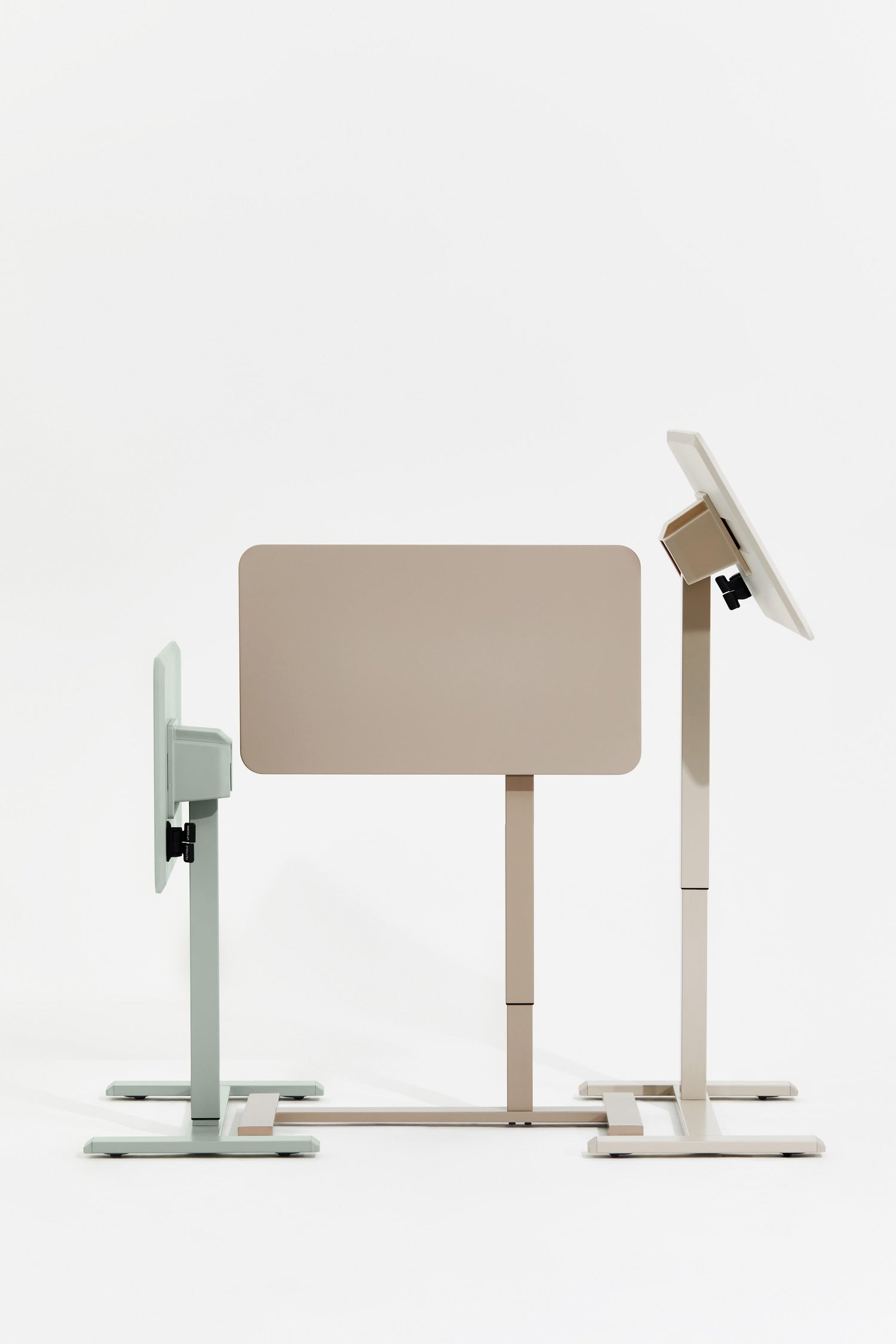 Modern adjustable standing desk with a beige panel on a white background