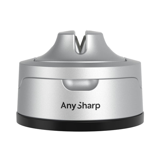 A red AnySharp EVO knife sharpener with a black suction base, featuring the brand name 'Any Sharp' on the side.