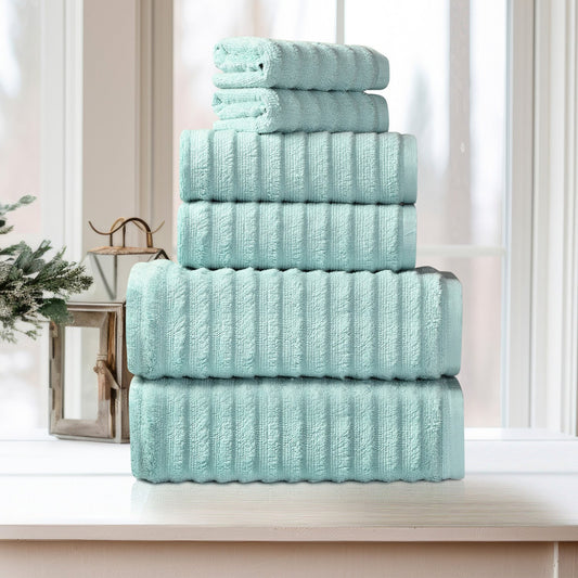 6 Piece Ribbed 100% Egyptian Cotton Towel Set - Aqua