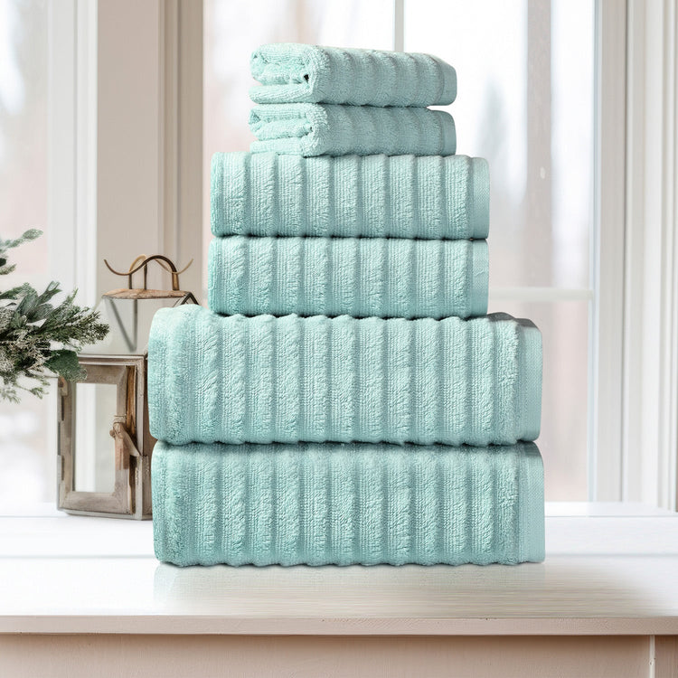 6 Piece Ribbed 100% Egyptian Cotton Towel Set - Aqua