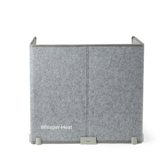 Gray portable heater with digital display on a white background