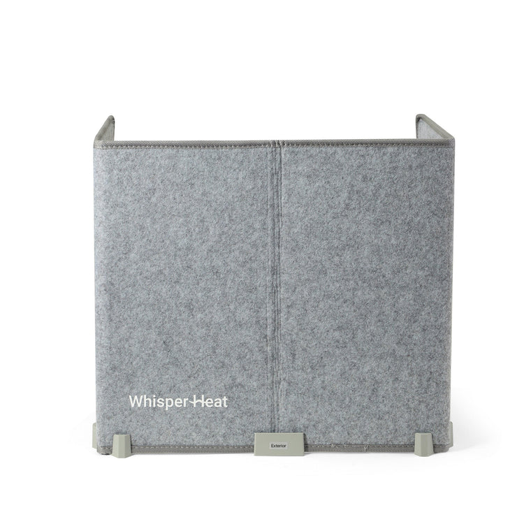 Gray pet heating pad with 'Whisper Heat' branding on a white background