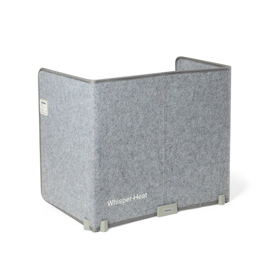Gray portable heater with digital display on a white background