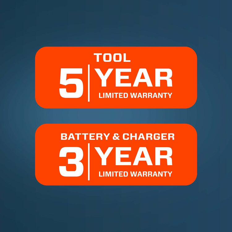 Two orange warranty labels with text on a blue background