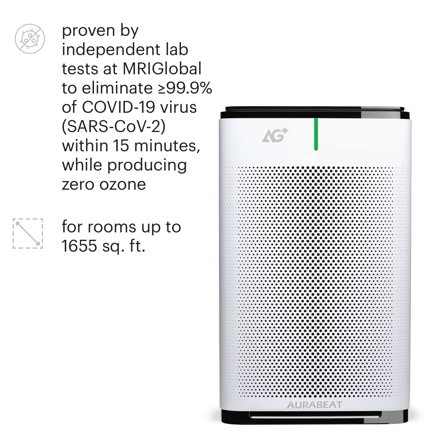 Air purifier with text about eliminating COVID-19 virus and producing zero ozone.