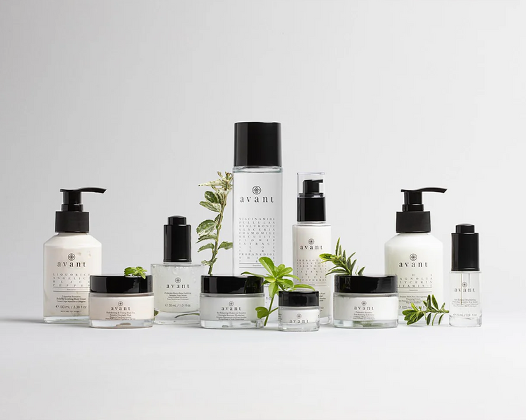 Collection of Avani skincare products on a light gray background