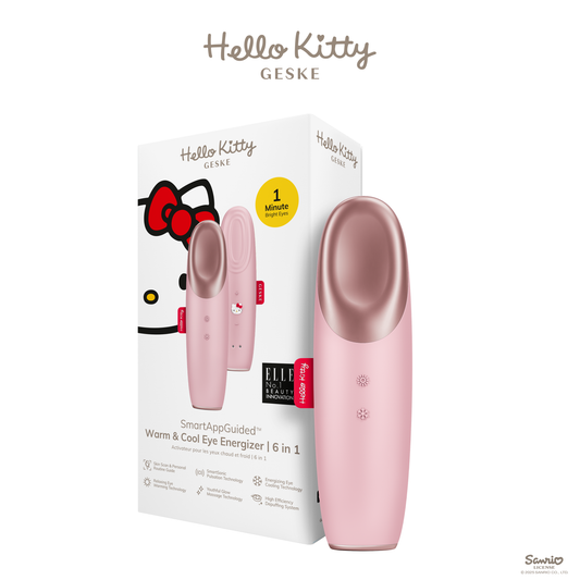Pink eye massager with Hello Kitty branding on a white background