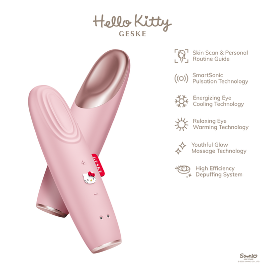 Pink eye massager with Hello Kitty branding on a white background