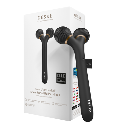 Black facial roller with packaging displaying 'GESKE' branding on a white background