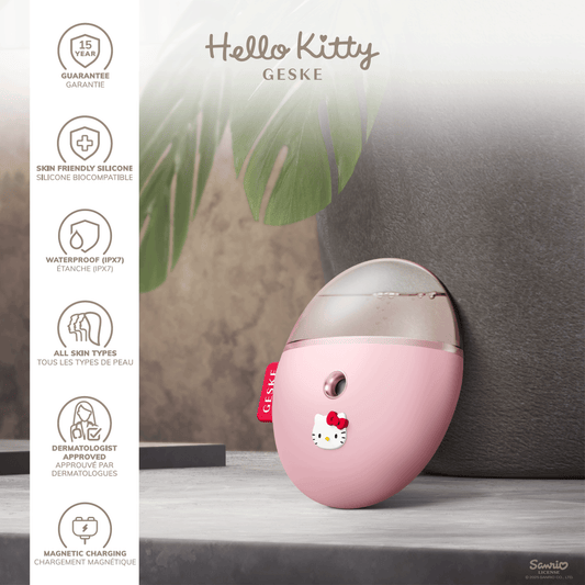 Pink facial hydration refresher with Hello Kitty design and packaging on a white background