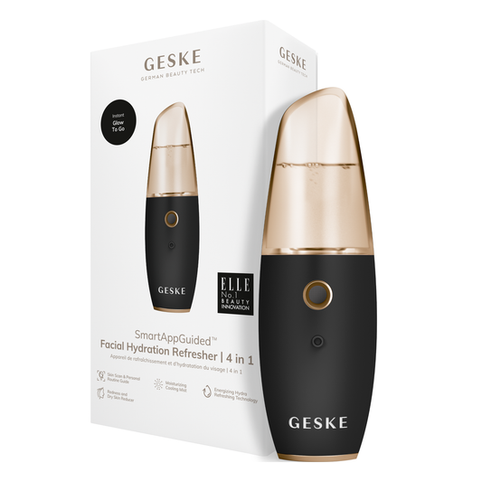 Black and gold facial hydration refresher with Geske branding on a white background