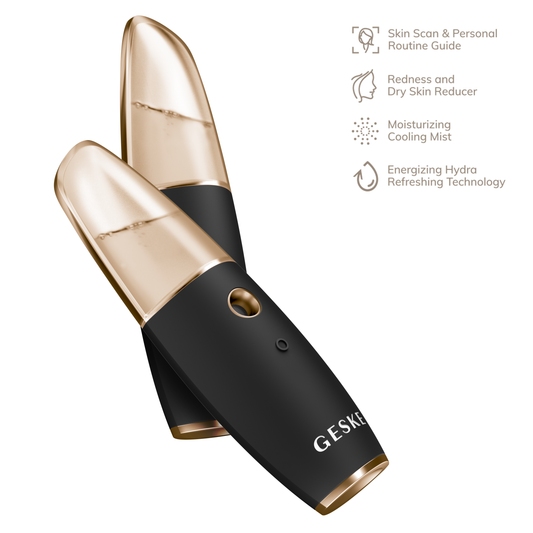 Black and gold facial hydration refresher with Geske branding on a white background