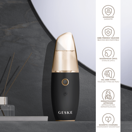 Black and gold facial hydration refresher with Geske branding on a white background