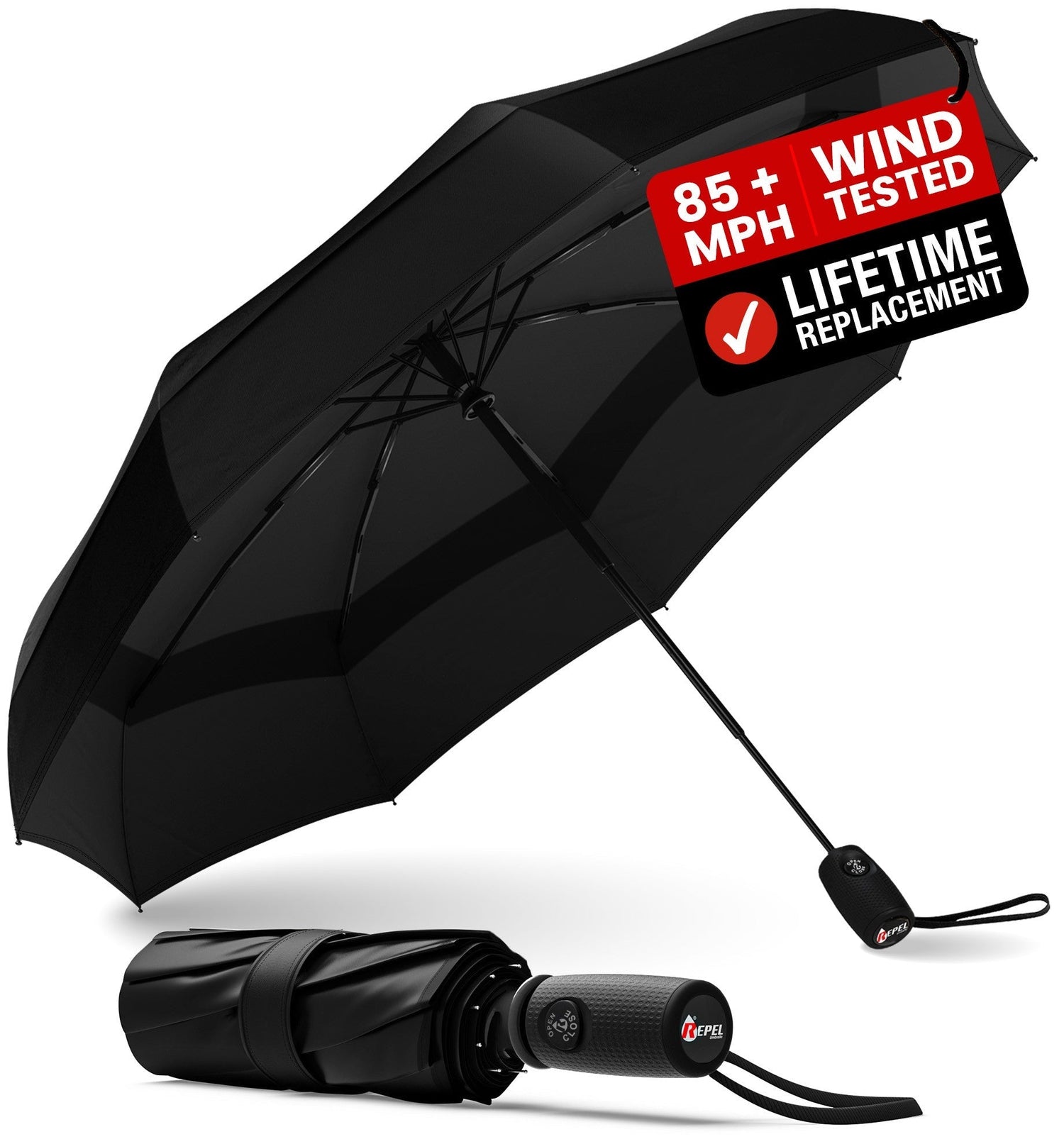 Black umbrella with wind resistance and lifetime replacement guarantee label on a white background