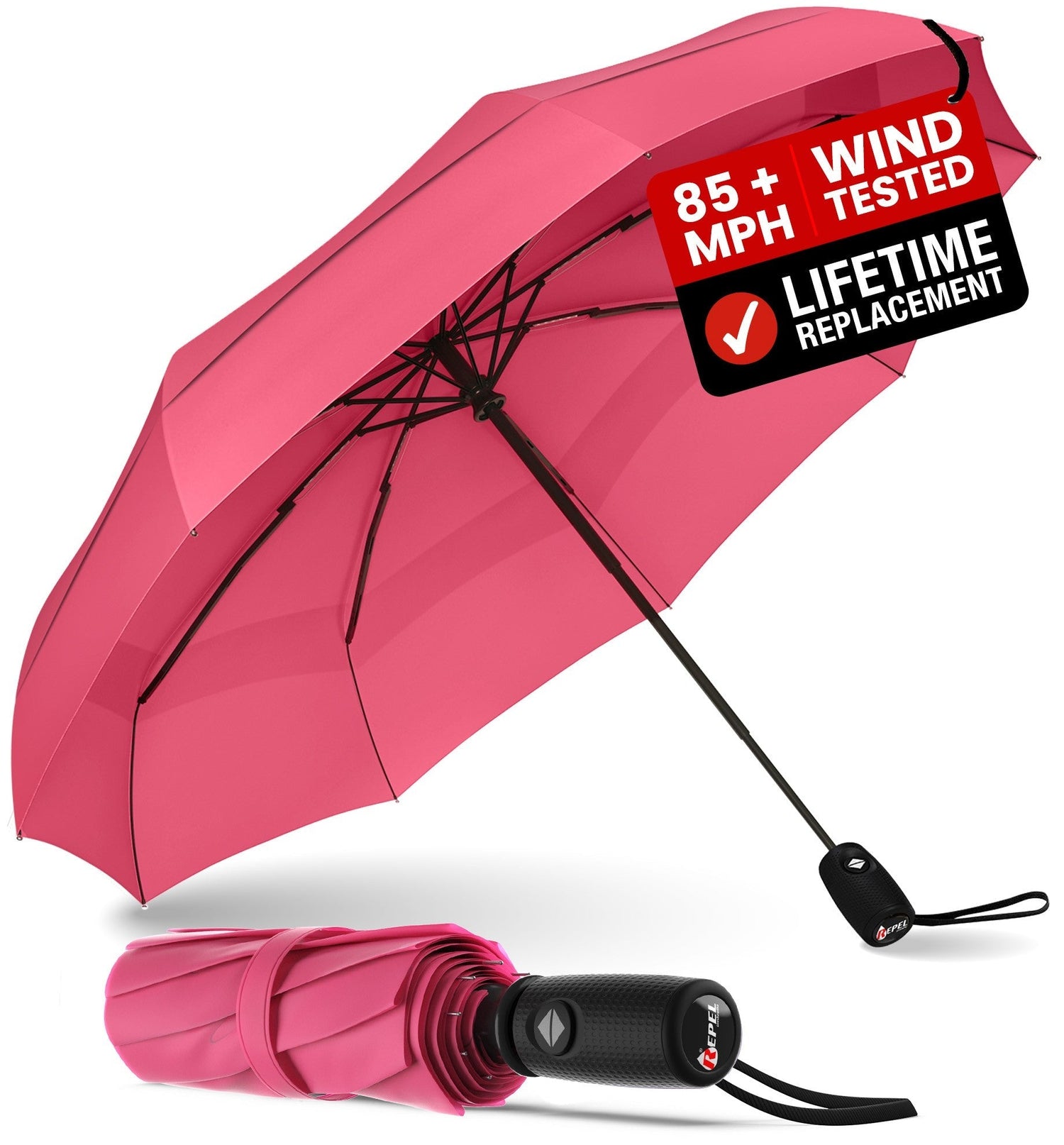Pink umbrella with wind resistance and lifetime replacement guarantee label on a white background