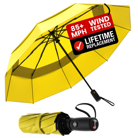 Black umbrella with 'Repel' branding and 'Lifetime Replacement' promise on a white background