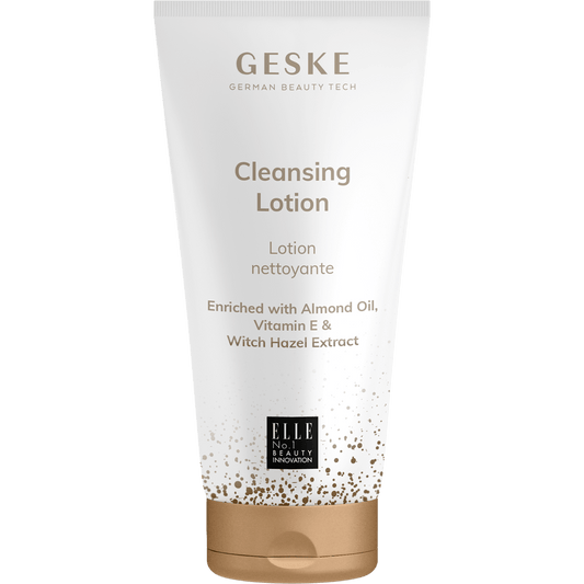 Black and gold facial brush with packaging displaying 'GESKE' brand on a white background