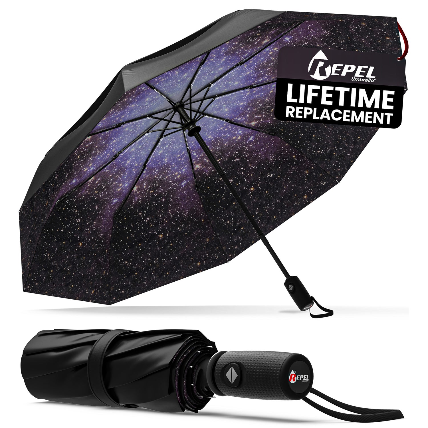 Black and purple patterned umbrella with 'Repel' branding on a white background