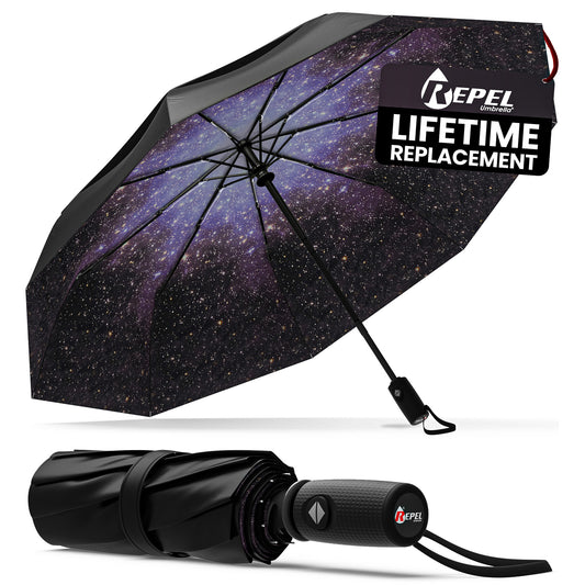 Black umbrella with 'Repel' branding and 'Lifetime Replacement' promise on a white background