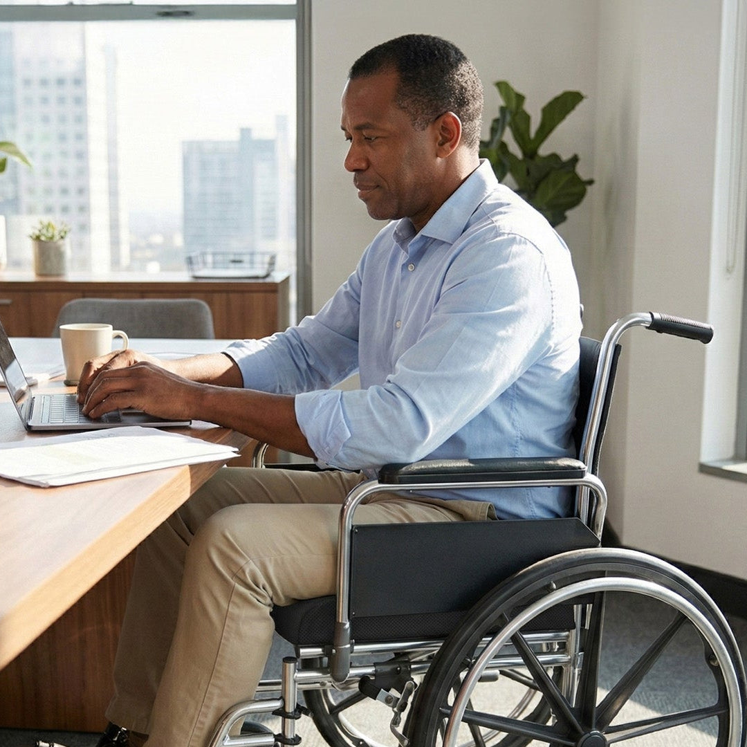 Man in a wheelchair working at a desk with a cityscape view