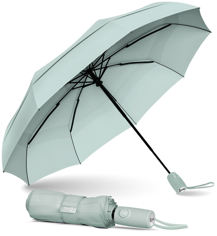Light blue umbrella with black handle and ribs, shown open and folded on a white background.