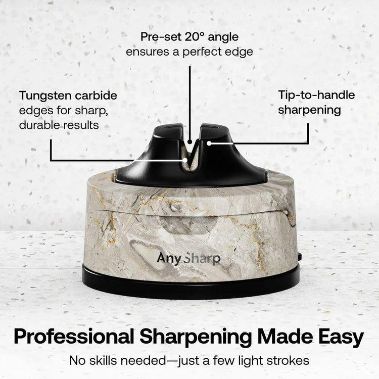 Knife sharpener with marble design and text highlighting features on a light background