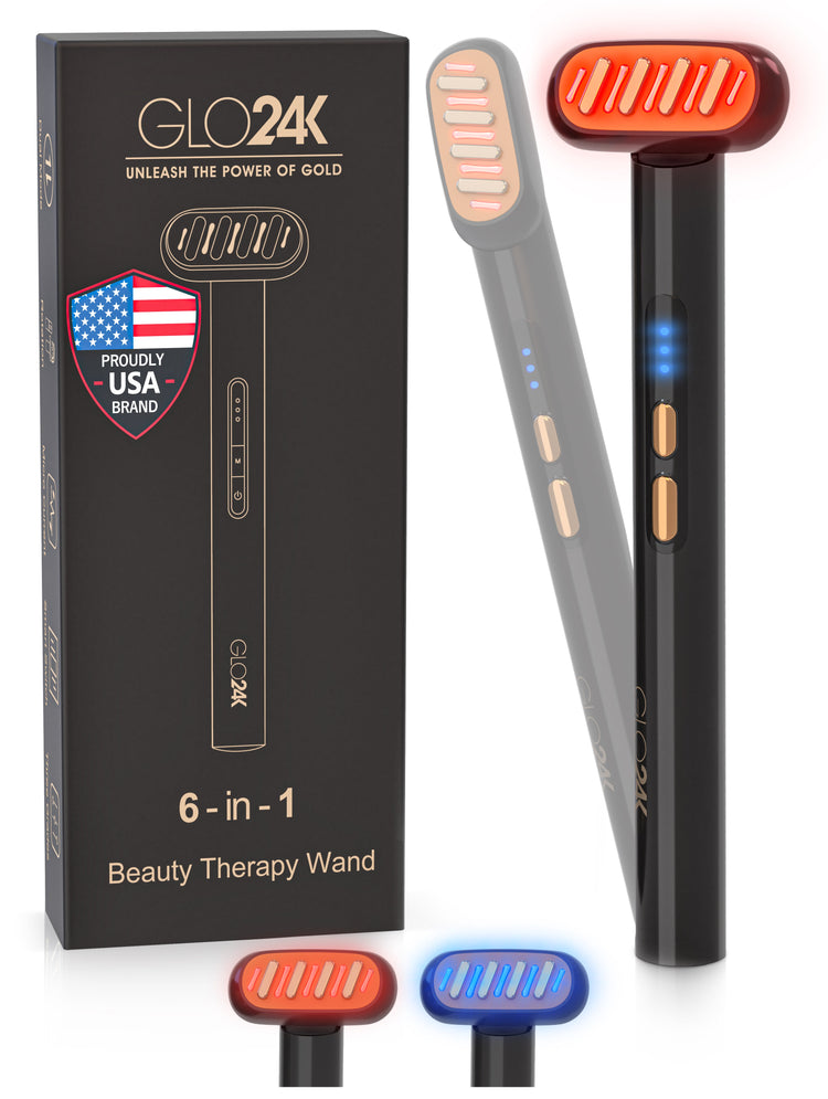 GLO24K beauty therapy wand with packaging on a white background