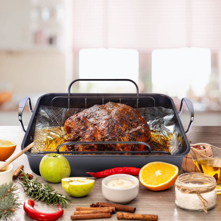 Large Turkey Roasting Pan with Rack, Carbon Steel, Ceramic Non-Stick Coating