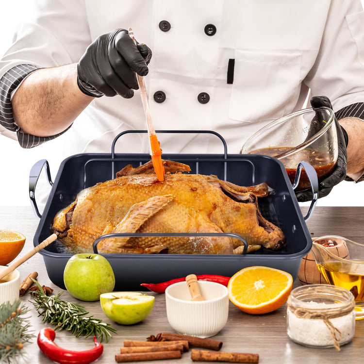 Large Turkey Roasting Pan with Rack, Carbon Steel, Ceramic Non-Stick Coating