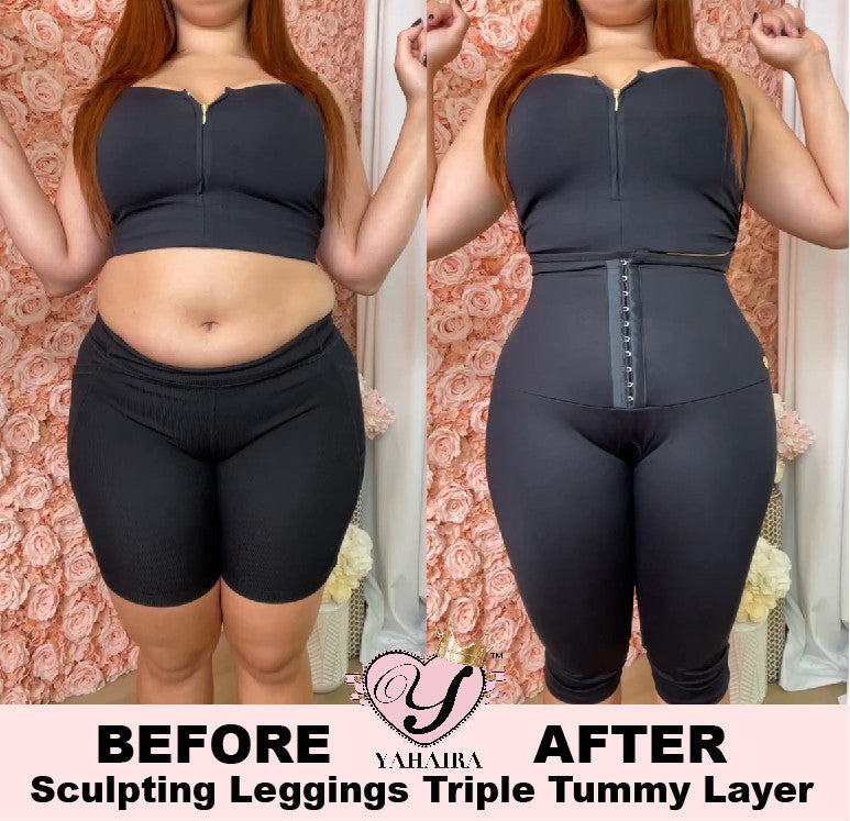 Before and after comparison of a person wearing black leggings with a visible waistband, labeled 'Yahaira'.