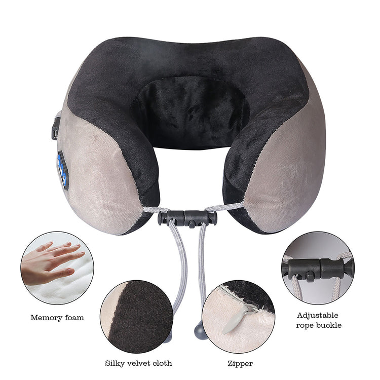 Travel neck pillow with features highlighted on a white background