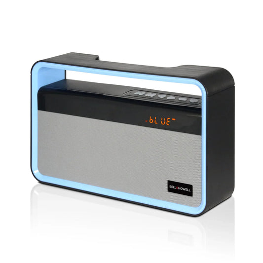 Black and gray electronic device with blue accent on a white background