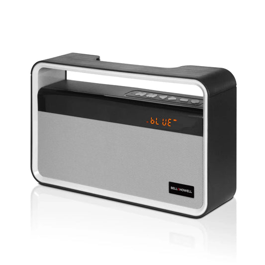 Black and silver electronic device with digital display on a white background