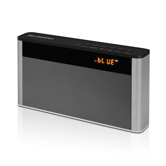 Black and silver rectangular digital clock on a white background