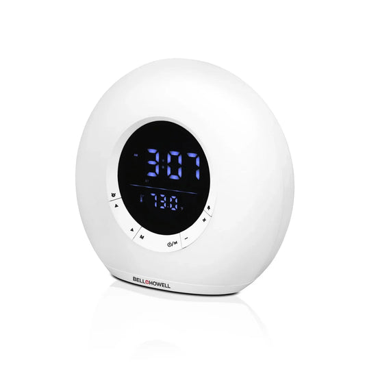 White digital clock with blue display on a white background