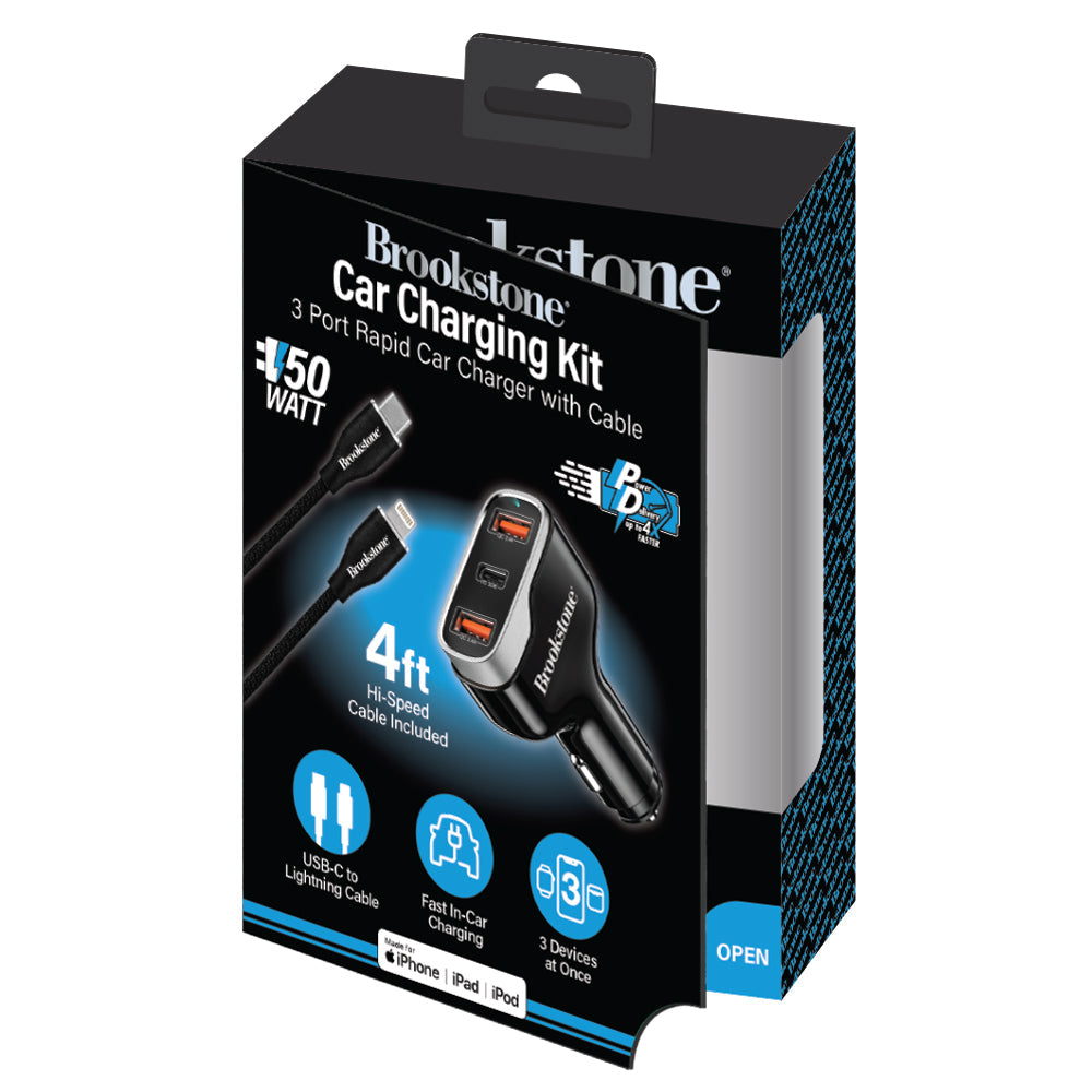 Brookstone Kit 3 port 50wt car charger kit with 4ft C-to-Lightning cab