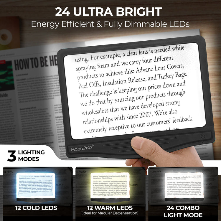 5X LED Page Magnifier with 3 Color Light Modes -24 Fully Dimmable LEDs