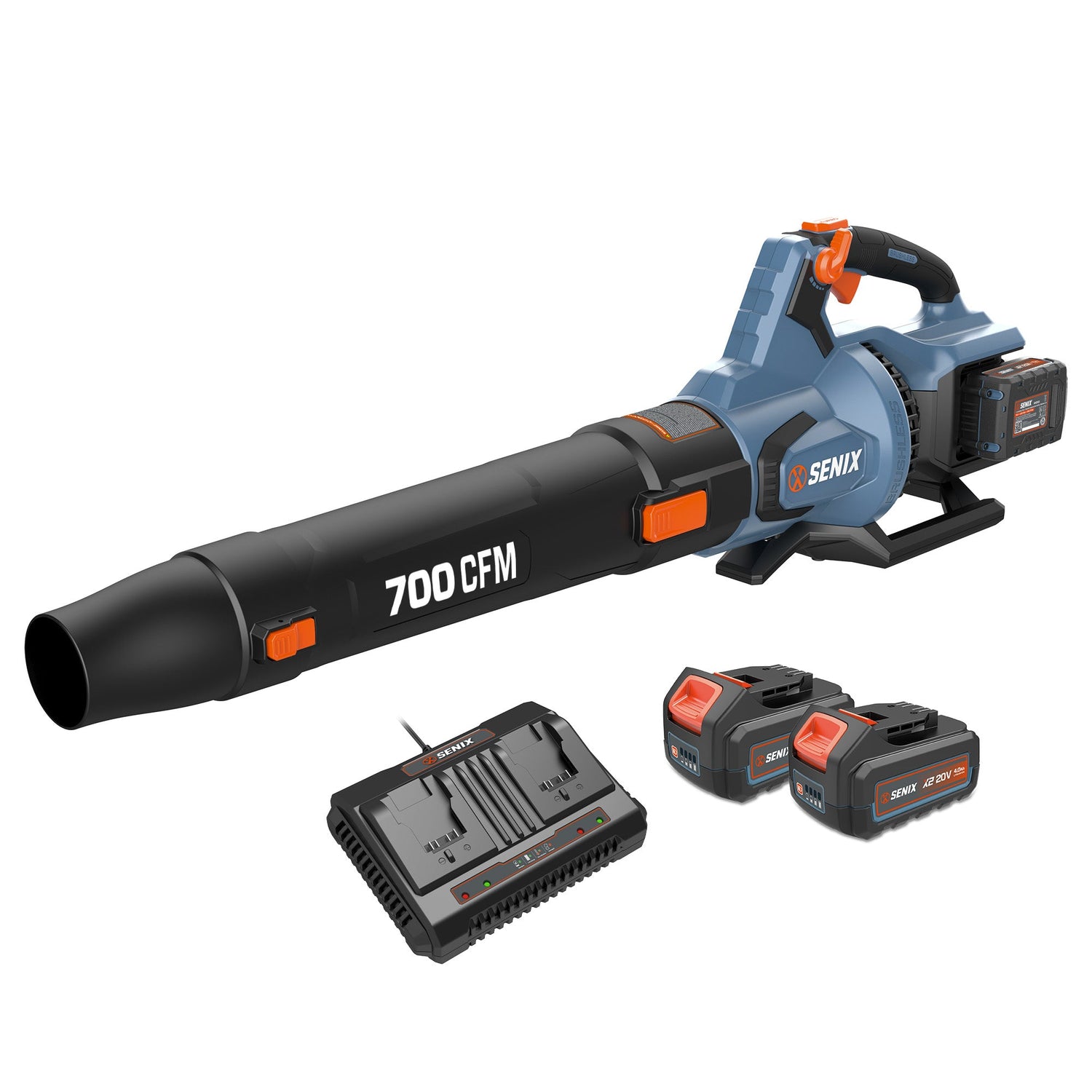 Senix leaf blower with batteries and charger on a white background