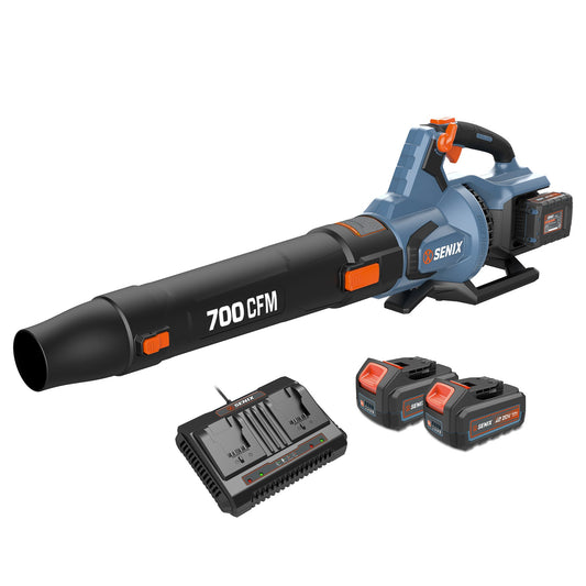 Senix leaf blower with batteries and charger on a white background