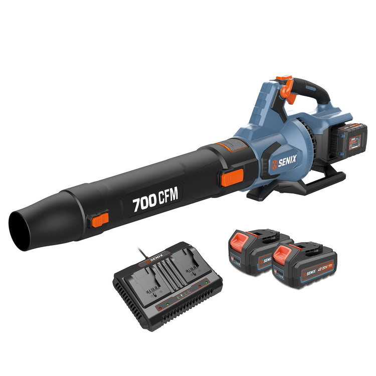 Senix leaf blower with batteries and charger on a white background