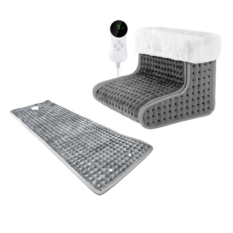 Gray heating pad with a digital controller on a white background