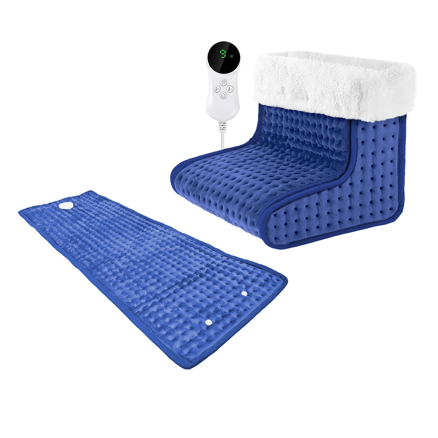 Blue heating pad with a white cover and digital controller on a white background