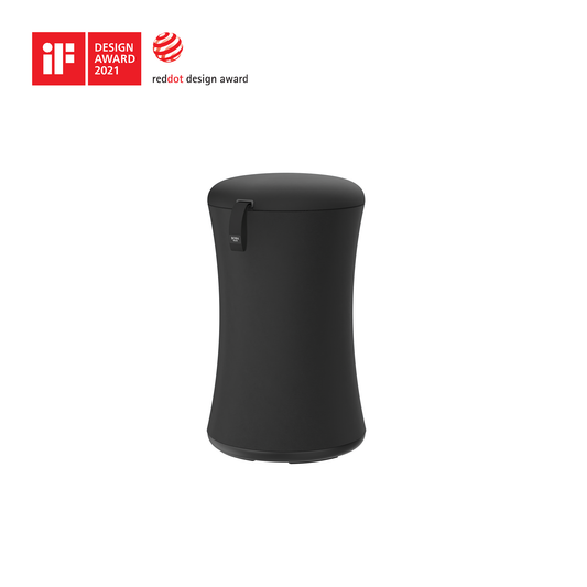 Black cylindrical product with design awards on a white background